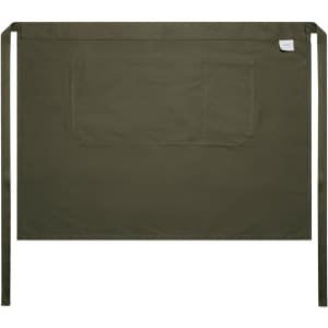 A green half apron with a large front pocket and ties on each side, featuring a branding label.