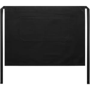 A black half apron with a single pocket and long ties, featuring a logo on the material.