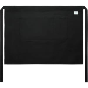 A black half apron featuring a front pocket and ties, with a logo. Suitable for workwear and culinary tasks.