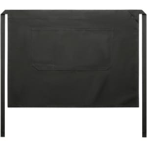 A black half apron featuring a large pocket and fabric ties at the waist. It has a minimalist design with no additional markings.