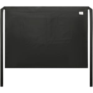 A black half apron with ties and a front pocket, featuring a small logo.