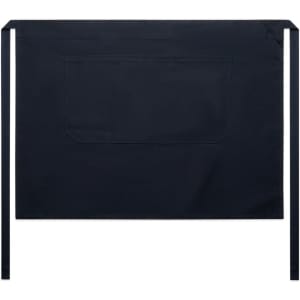 A dark navy half apron featuring a front pocket and ties. It has a simple design with a logo.