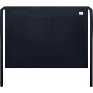 A black half apron featuring a front pocket and ties at the waist. It includes a branding label.