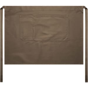 A brown half apron featuring a large pocket and ties on either side. It has a simple design and includes branding.