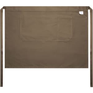 A khaki half apron featuring a front pocket and ties at the waist. It has a simple, minimalist design.
