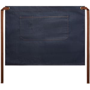 Denim half apron in dark blue with a large pocket and brown ties, featuring a logo.