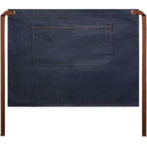 Denim half apron in dark blue with brown ties and a single pocket on the front, featuring a logo.