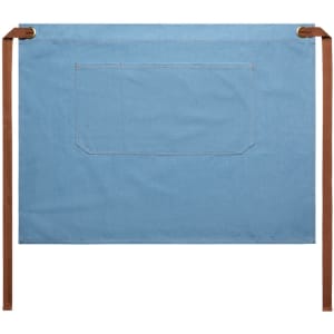 A denim half apron in a light blue colour with brown straps and a front pocket.