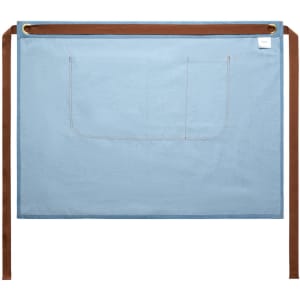 A denim half apron in blue with brown ties and a pocket, featuring a logo on the corner.