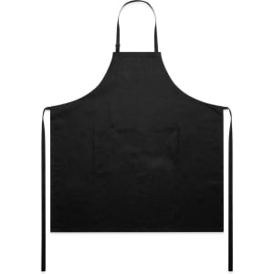 A black linen apron with adjustable neck straps and long ties. It features a logo on the front.