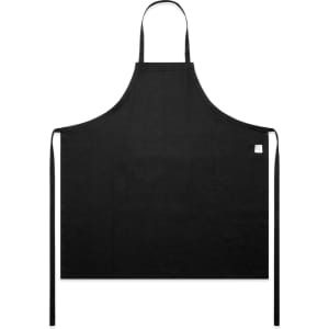 A black linen apron with ties and a small logo on one side. It features a simple, classic design.