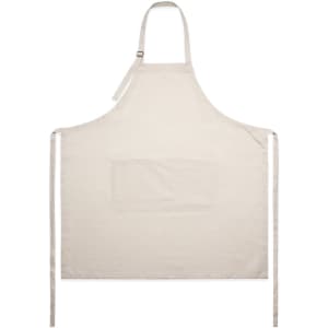 A linen apron in a light beige colour featuring a front pocket and adjustable neck strap. It has a logo on it.