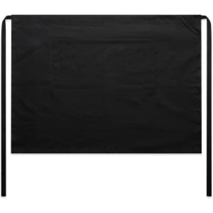 A black linen half apron with ties on the sides and a pocket in the front. It features a logo.