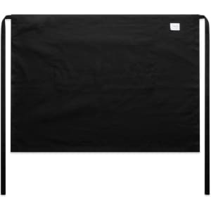 A black linen half apron with ties at the waist, featuring a small logo on one side.