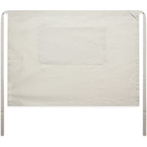 A plain linen half apron in a light beige colour with a front pocket and ties. Features a logo.