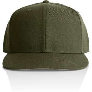 An olive green cap with a flat brim and five panels, featuring a logo on the front.