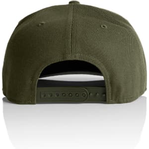 A green cap featuring a flat brim and an adjustable strap at the back. The cap has a logo on it.