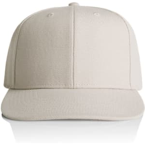 A beige cap with a flat brim and a logo on the front, displayed against a white background.