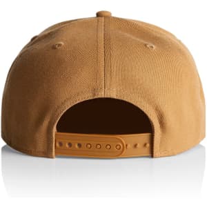 A brown cap featuring a snapback closure and a logo on the back. The material appears textured.