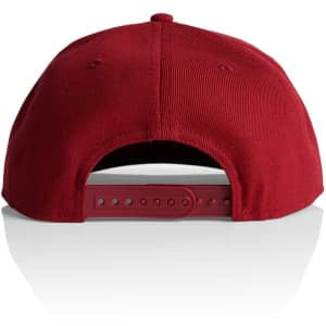 A red cap with an adjustable strap at the back and a logo on the side.