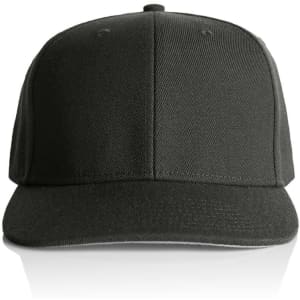 A black cap with a structured front and a flat brim, featuring a logo.