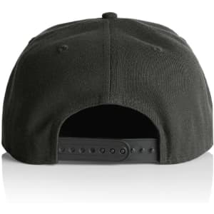 A black cap featuring a flat brim and snapback closure at the back. Includes a logo on the side.