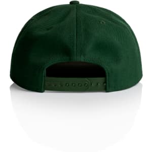 A green cap with an adjustable strap and a solid design, featuring a logo on the back.