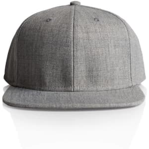 A grey cap with a flat brim and a logo on the front, designed for headwear.