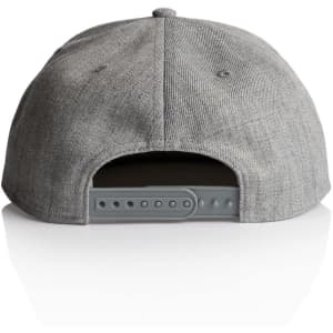A grey cap featuring a snapback closure and a logo on the back. The texture appears fabric-like.