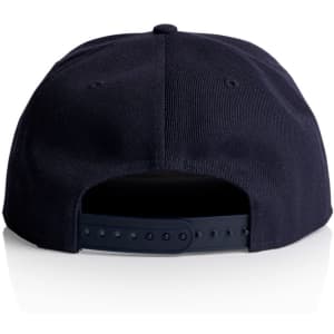 A navy blue cap featuring an adjustable strap and a plain back view with a logo present.