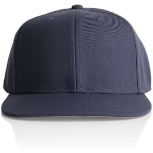 A dark navy cap with a flat brim and an adjustable back. It features a logo on the front.