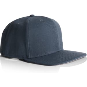 A navy blue cap with a structured design and a flat brim, featuring a logo on the front.