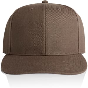 A brown cap with a flat brim and a solid structure, featuring a logo on the front.