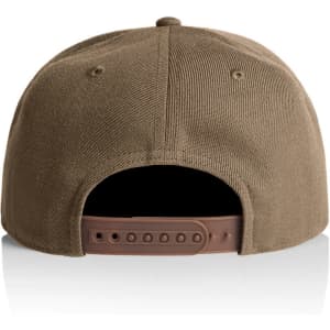 A brown cap with a flat brim and adjustable strap at the back, featuring a logo.