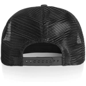 A black trucker cap featuring a mesh back and an adjustable strap, designed for casual wear.