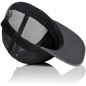 A black and grey trucker cap featuring mesh detailing and a logo on the front.
