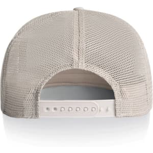 A beige trucker cap featuring a mesh back and an adjustable strap. It has a logo on the rear side.