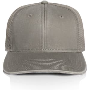 A grey trucker cap featuring a solid front panel and mesh back, with a logo on the front.