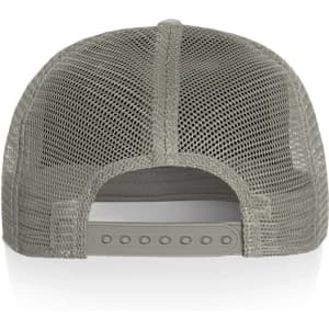 A grey mesh trucker cap with a plastic adjustable strap at the back and a logo on the side.