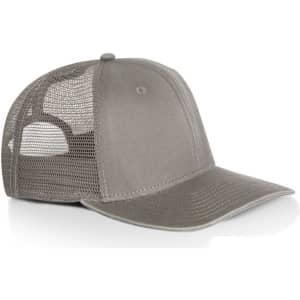 A grey trucker cap with a mesh back and a solid front panel, featuring a logo on the front.