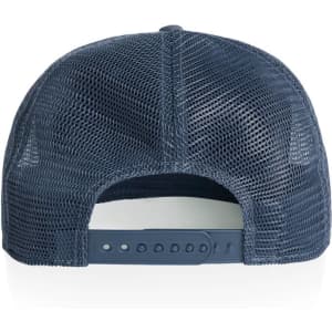 A navy blue trucker cap featuring a mesh back and an adjustable snap closure. The cap also has a branding logo.
