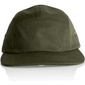 A green Finn Five Panel Cap with a flat brim and a logo. Ideal for casual headwear.