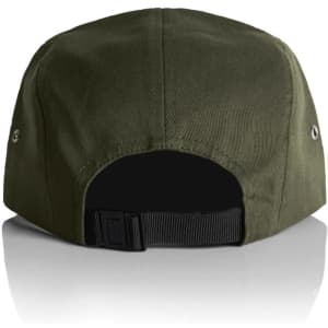 A green Finn Five Panel Cap with a black adjustable strap at the back and metal ventilation eyelets.