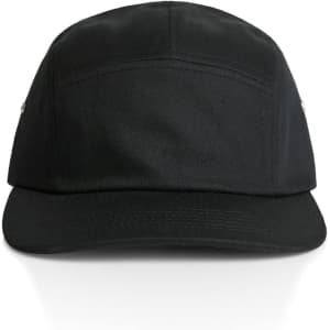 A black Finn Five Panel Cap with a structured design and a logo on the side.