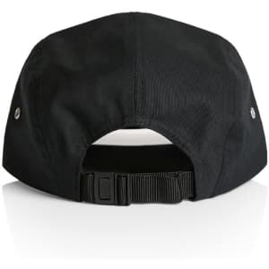 A black Finn Five Panel Cap featuring a rear adjustable strap and ventilation eyelets.