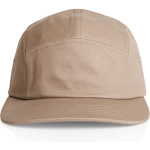 A light brown five-panel cap featuring a logo on the front and a curved brim.