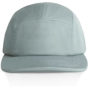 A light green five-panel cap with a flat peak and a logo on the side.