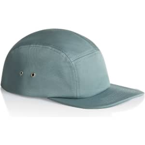 A five-panel cap in a soft blue-green colour, featuring metal eyelets and a curved brim. It has a logo.