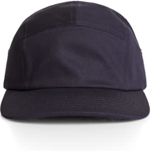A navy five-panel cap featuring a structured design and a small logo. Ideal headwear for casual outings.