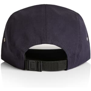 A navy five panel cap with a rear adjustable strap and a logo on the back.